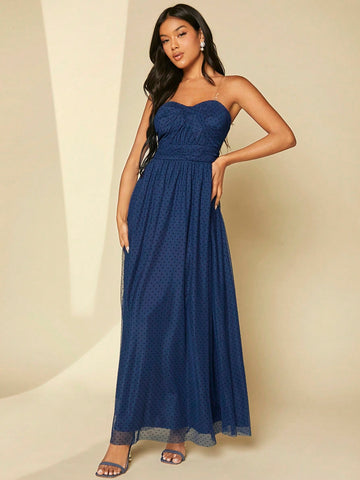Polka Dot Ruched Mesh Cami Bridesmaid Dress