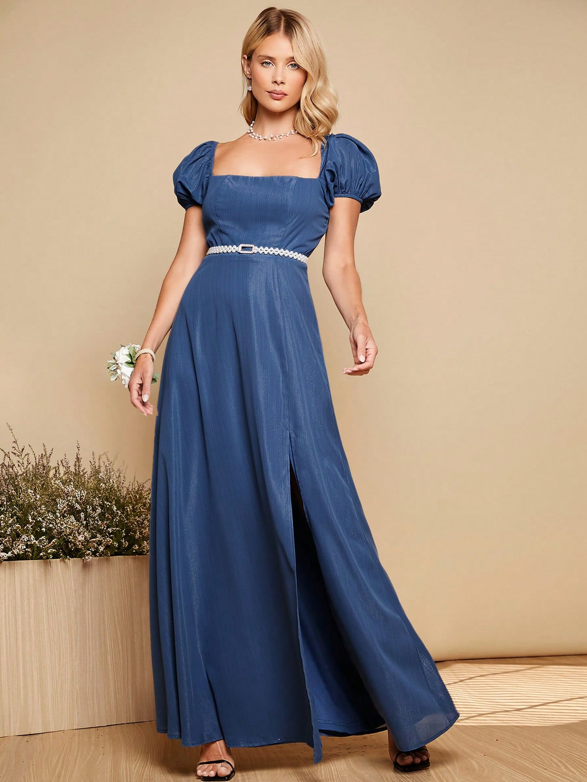 Belle Puff Sleeve Split Thigh Bridesmaid Dress Without Belt