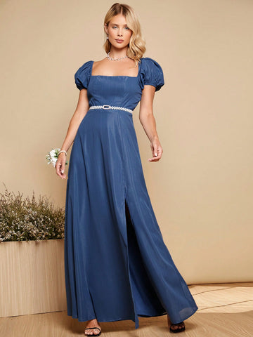 Belle Puff Sleeve Split Thigh Bridesmaid Dress Without Belt