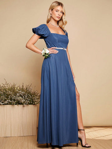 Belle Puff Sleeve Split Thigh Bridesmaid Dress Without Belt