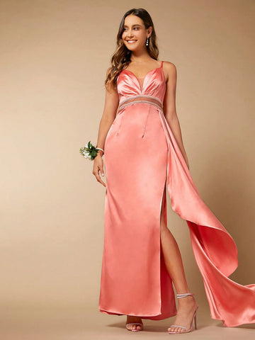 Belle Rhinestone Detail Ruffle Trim Cami Bridesmaid Dress