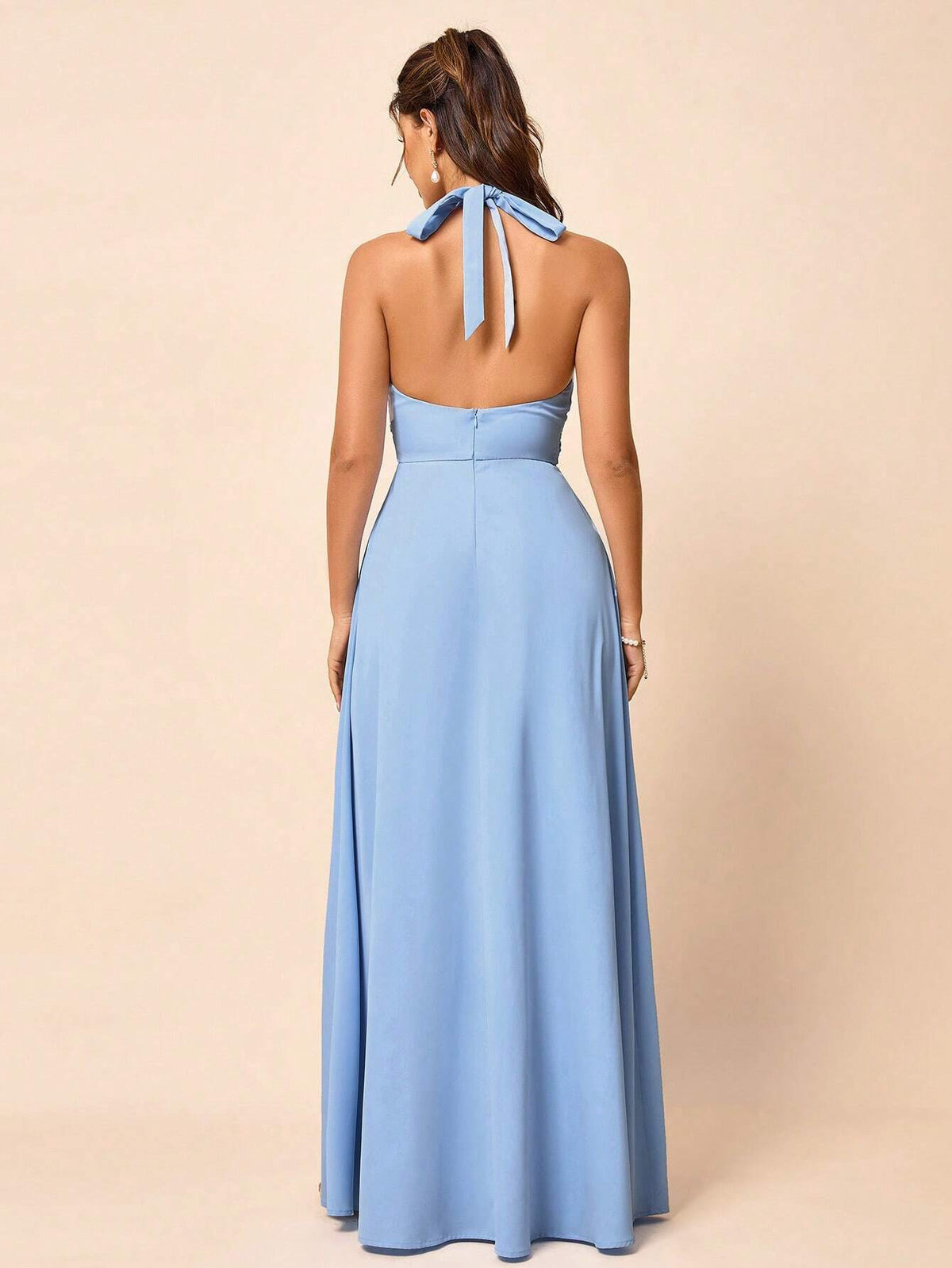 Romantic And Elegant Halter Blue Woven Fabric Neck Bridesmaid Dress With Pleats, Bridesmaid Dress