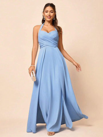 Romantic And Elegant Halter Blue Woven Fabric Neck Bridesmaid Dress With Pleats, Bridesmaid Dress