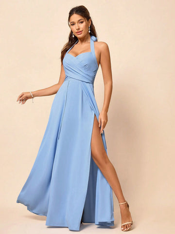 Romantic And Elegant Halter Blue Woven Fabric Neck Bridesmaid Dress With Pleats, Bridesmaid Dress