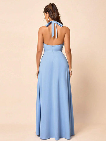Romantic And Elegant Halter Blue Woven Fabric Neck Bridesmaid Dress With Pleats, Bridesmaid Dress