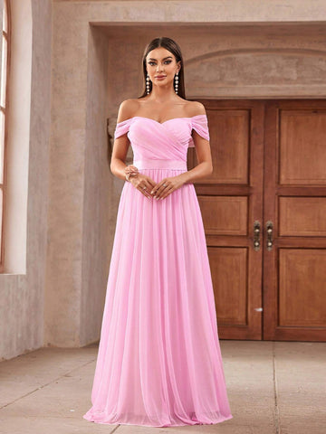 Romantic And Elegant Pink Draped Diamond Linen Fabric, Off-Shoulder Sleeves,  Graduation Season, Ramadan Iftar Dresses, Evening Prom Parties, Formal Bridesmaid Dresses