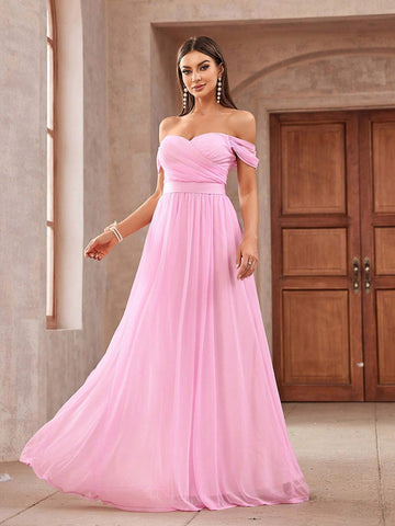 Romantic And Elegant Pink Draped Diamond Linen Fabric, Off-Shoulder Sleeves,  Graduation Season, Ramadan Iftar Dresses, Evening Prom Parties, Formal Bridesmaid Dresses