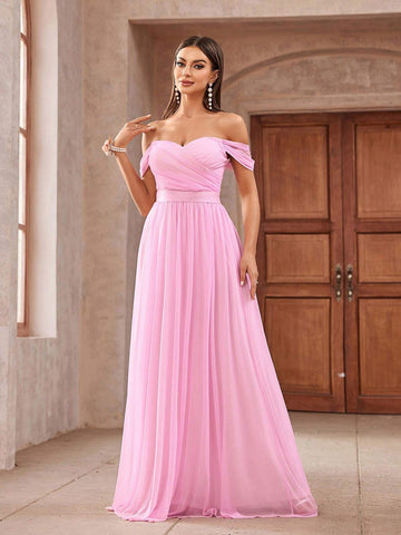 Romantic And Elegant Pink Draped Diamond Linen Fabric, Off-Shoulder Sleeves,  Graduation Season, Ramadan Iftar Dresses, Evening Prom Parties, Formal Bridesmaid Dresses