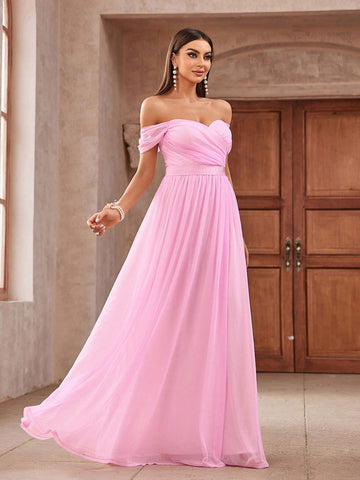 Romantic And Elegant Pink Draped Diamond Linen Fabric, Off-Shoulder Sleeves,  Graduation Season, Ramadan Iftar Dresses, Evening Prom Parties, Formal Bridesmaid Dresses