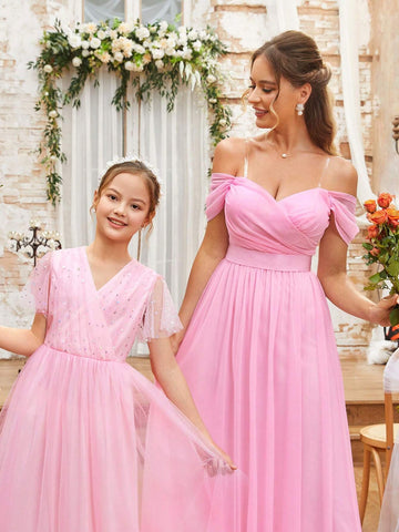 Romantic And Elegant Pink Draped Diamond Linen Fabric, Off-Shoulder Sleeves,  Graduation Season, Ramadan Iftar Dresses, Evening Prom Parties, Formal Bridesmaid Dresses