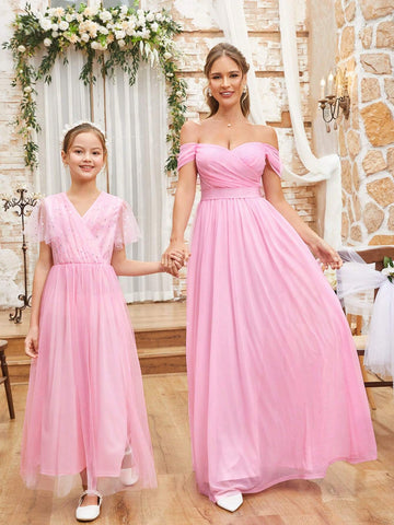 Romantic And Elegant Pink Draped Diamond Linen Fabric, Off-Shoulder Sleeves,  Graduation Season, Ramadan Iftar Dresses, Evening Prom Parties, Formal Bridesmaid Dresses
