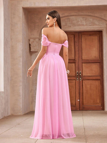 Romantic And Elegant Pink Draped Diamond Linen Fabric, Off-Shoulder Sleeves,  Graduation Season, Ramadan Iftar Dresses, Evening Prom Parties, Formal Bridesmaid Dresses