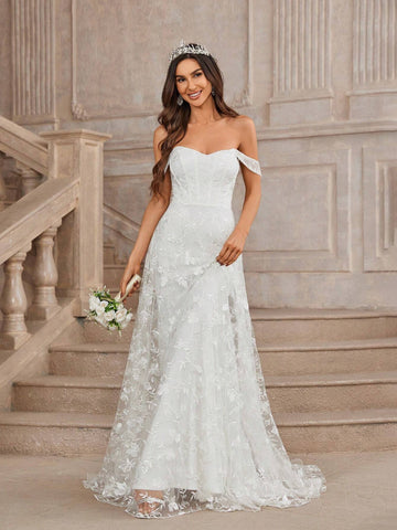 Romantic And Elegant White Embroidered Mesh And Knitted Stretch Fabric Off Shoulder Mermaid Wedding Dress With Double-Layered Petticoat