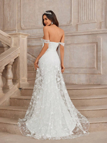 Romantic And Elegant White Embroidered Mesh And Knitted Stretch Fabric Off Shoulder Mermaid Wedding Dress With Double-Layered Petticoat