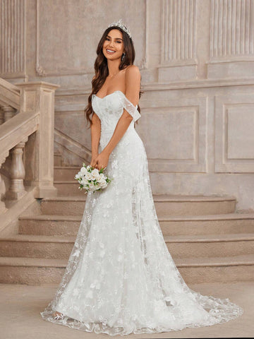 Romantic And Elegant White Embroidered Mesh And Knitted Stretch Fabric Off Shoulder Mermaid Wedding Dress With Double-Layered Petticoat