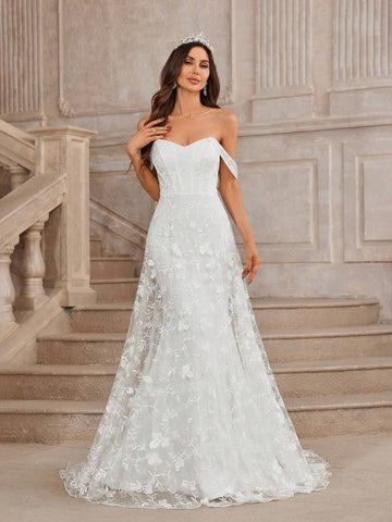 Romantic And Elegant White Embroidered Mesh And Knitted Stretch Fabric Off Shoulder Mermaid Wedding Dress With Double-Layered Petticoat