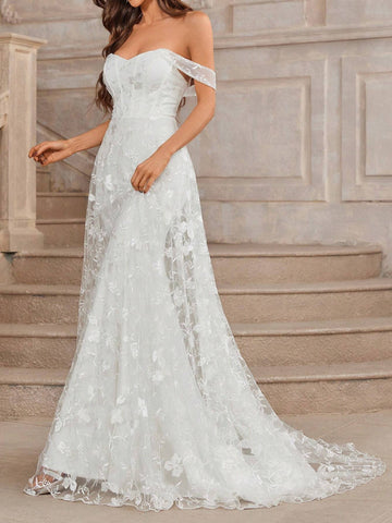 Romantic And Elegant White Embroidered Mesh And Knitted Stretch Fabric Off Shoulder Mermaid Wedding Dress With Double-Layered Petticoat