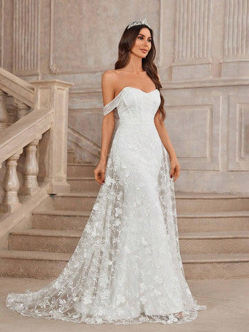 Romantic And Elegant White Embroidered Mesh And Knitted Stretch Fabric Off Shoulder Mermaid Wedding Dress With Double-Layered Petticoat