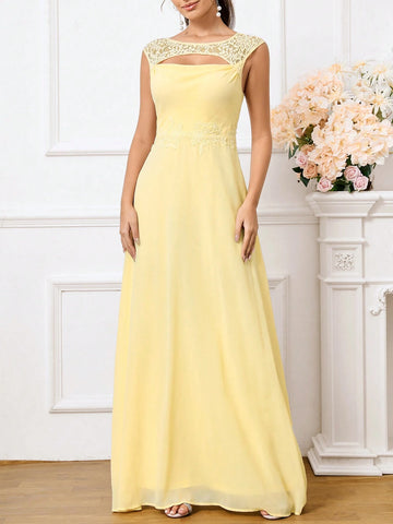 Romantic And Elegant Yellow Hollow Lace Spliced Chiffon Fabric, Hollowed Out  Women's Suitable For Wedding Season, Mother's Day, Music Festival, Ramadan Holiday Banquet Dress Adult Elegant Bridesmaid Dress