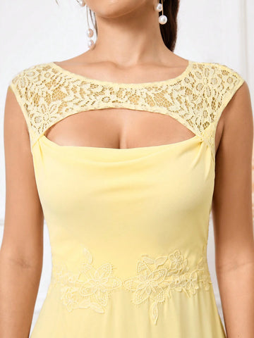 Romantic And Elegant Yellow Hollow Lace Spliced Chiffon Fabric, Hollowed Out  Women's Suitable For Wedding Season, Mother's Day, Music Festival, Ramadan Holiday Banquet Dress Adult Elegant Bridesmaid Dress