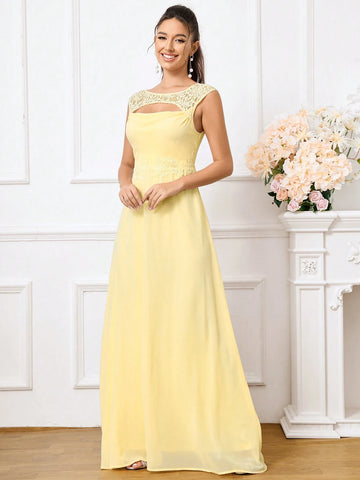 Romantic And Elegant Yellow Hollow Lace Spliced Chiffon Fabric, Hollowed Out  Women's Suitable For Wedding Season, Mother's Day, Music Festival, Ramadan Holiday Banquet Dress Adult Elegant Bridesmaid Dress