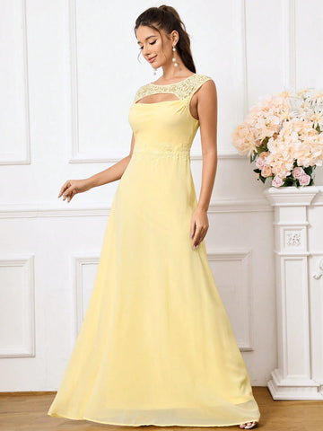 Romantic And Elegant Yellow Hollow Lace Spliced Chiffon Fabric, Hollowed Out  Women's Suitable For Wedding Season, Mother's Day, Music Festival, Ramadan Holiday Banquet Dress Adult Elegant Bridesmaid Dress