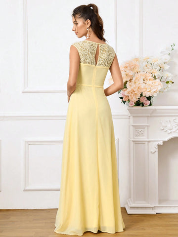 Romantic And Elegant Yellow Hollow Lace Spliced Chiffon Fabric, Hollowed Out  Women's Suitable For Wedding Season, Mother's Day, Music Festival, Ramadan Holiday Banquet Dress Adult Elegant Bridesmaid Dress