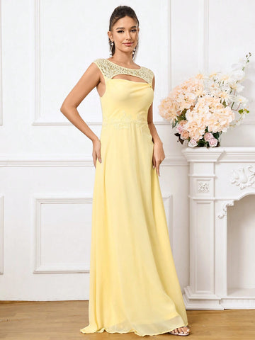 Romantic And Elegant Yellow Hollow Lace Spliced Chiffon Fabric, Hollowed Out  Women's Suitable For Wedding Season, Mother's Day, Music Festival, Ramadan Holiday Banquet Dress Adult Elegant Bridesmaid Dress