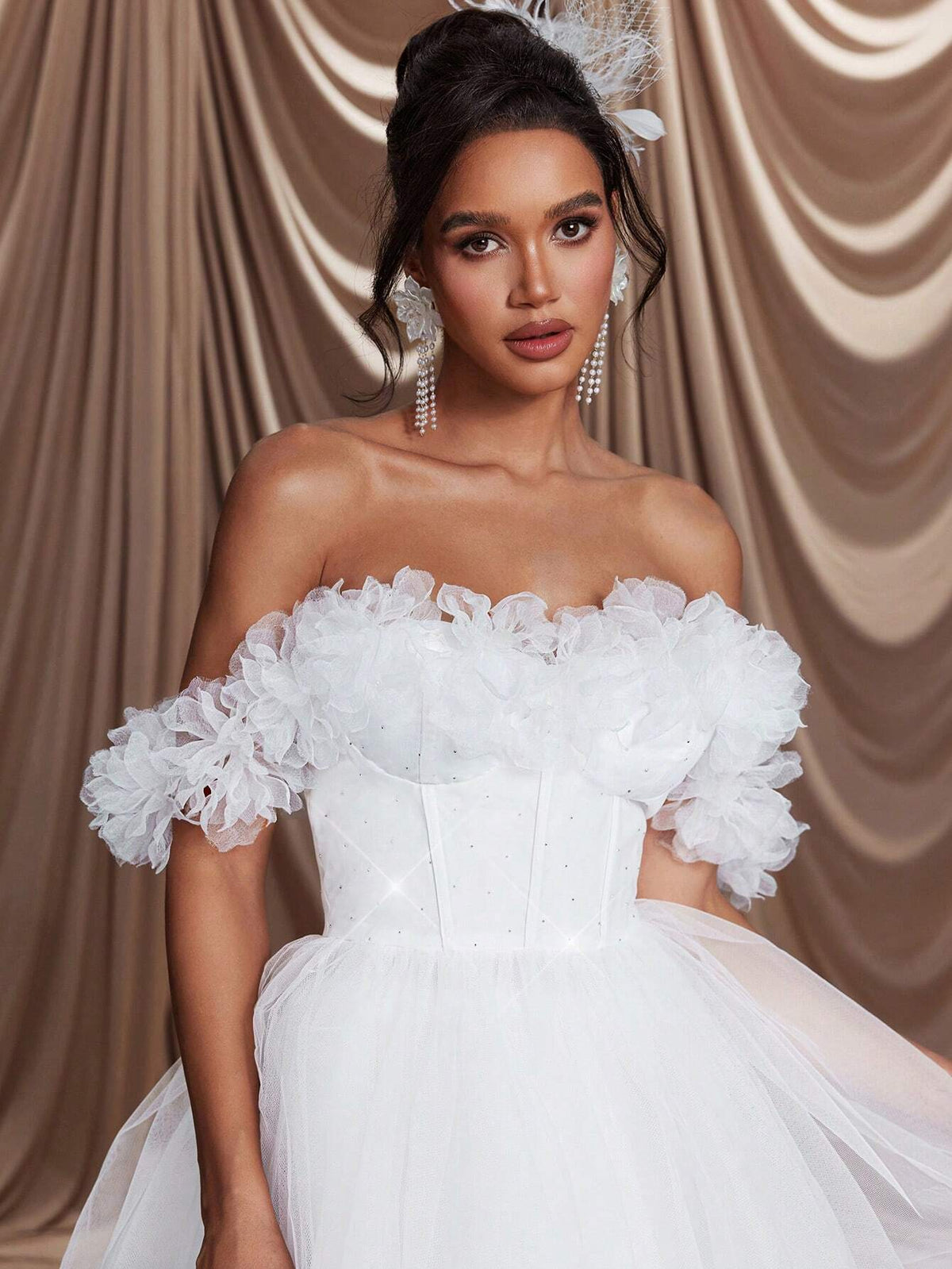 Romantic, Elegant & Luxury White Rhinestoned Net Tulle 3D Floral Applique Decor Front Fish Tail Ruffles Mini Skirt, Bridal Wedding Party Guest Dress