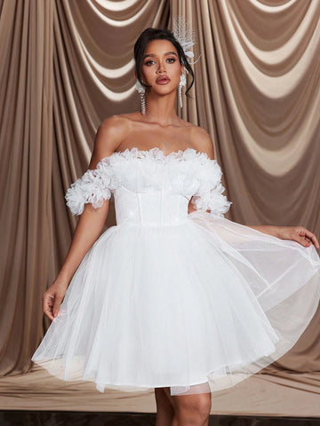 Romantic, Elegant & Luxury White Rhinestoned Net Tulle 3D Floral Applique Decor Front Fish Tail Ruffles Mini Skirt, Bridal Wedding Party Guest Dress