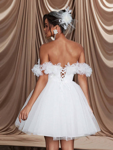 Romantic, Elegant & Luxury White Rhinestoned Net Tulle 3D Floral Applique Decor Front Fish Tail Ruffles Mini Skirt, Bridal Wedding Party Guest Dress