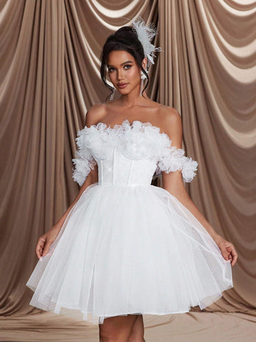 Romantic, Elegant & Luxury White Rhinestoned Net Tulle 3D Floral Applique Decor Front Fish Tail Ruffles Mini Skirt, Bridal Wedding Party Guest Dress