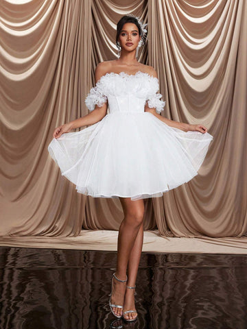 Romantic, Elegant & Luxury White Rhinestoned Net Tulle 3D Floral Applique Decor Front Fish Tail Ruffles Mini Skirt, Bridal Wedding Party Guest Dress