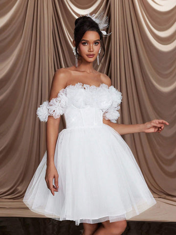 Romantic, Elegant & Luxury White Rhinestoned Net Tulle 3D Floral Applique Decor Front Fish Tail Ruffles Mini Skirt, Bridal Wedding Party Guest Dress