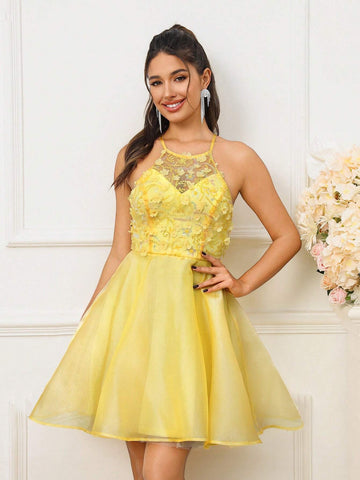 Romantic Lady Colorful 3D Embroidered Mesh Sheer Cocktail Dress