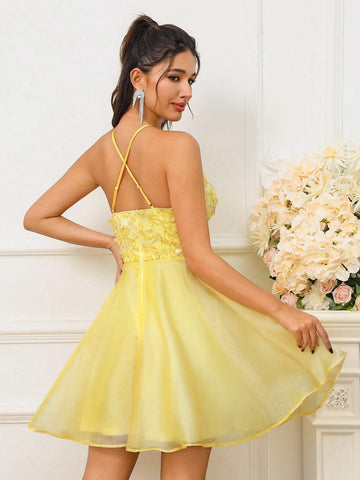 Romantic Lady Colorful 3D Embroidered Mesh Sheer Cocktail Dress