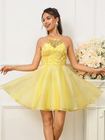 Romantic Lady Colorful 3D Embroidered Mesh Sheer Cocktail Dress