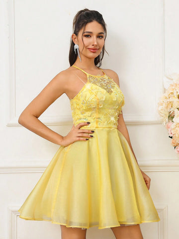 Romantic Lady Colorful 3D Embroidered Mesh Sheer Cocktail Dress