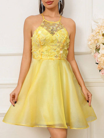 Romantic Lady Colorful 3D Embroidered Mesh Sheer Cocktail Dress