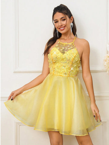 Romantic Lady Colorful 3D Embroidered Mesh Sheer Cocktail Dress