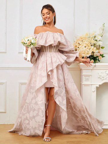 Romantic Off Shoulder Bridal Gown With Cutout Details, Bubble Sleeves And Asymmetrical Hem