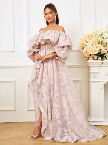Romantic Off Shoulder Bridal Gown With Cutout Details, Bubble Sleeves And Asymmetrical Hem