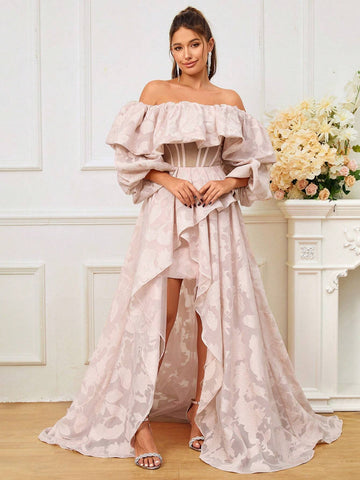 Romantic Off Shoulder Bridal Gown With Cutout Details, Bubble Sleeves And Asymmetrical Hem