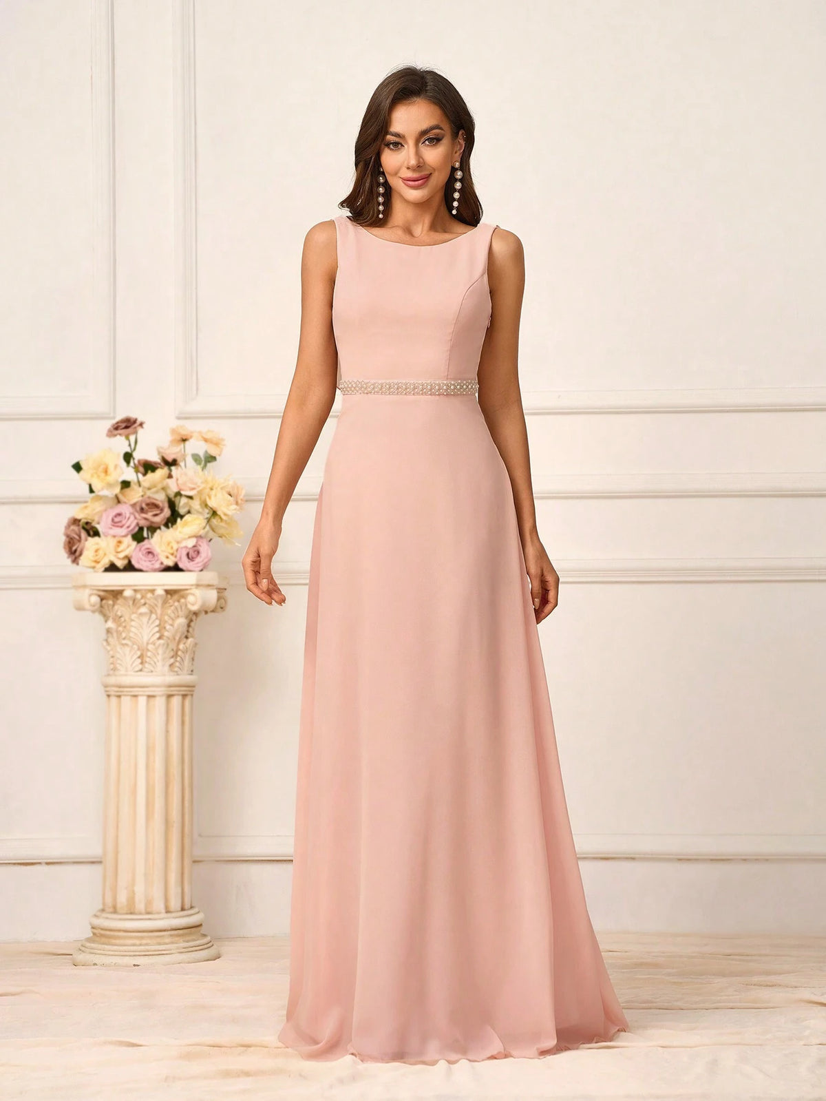 Romantic Pink Chiffon Fabric Women's Sleeveless Top With Beaded Waist Belt, Backless Design Connected By Pearl Chains, Suitable For Wedding Season And Mother's Day, Plus Size, Perfect As Bridesmaid Dress