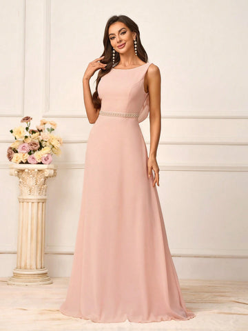 Romantic Pink Chiffon Fabric Women's Sleeveless Top With Beaded Waist Belt, Backless Design Connected By Pearl Chains, Suitable For Wedding Season And Mother's Day, Plus Size, Perfect As Bridesmaid Dress