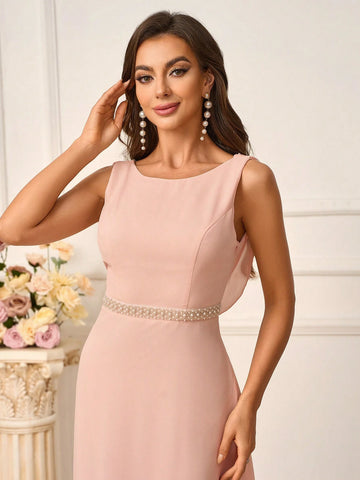 Romantic Pink Chiffon Fabric Women's Sleeveless Top With Beaded Waist Belt, Backless Design Connected By Pearl Chains, Suitable For Wedding Season And Mother's Day, Plus Size, Perfect As Bridesmaid Dress