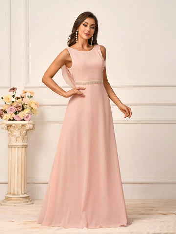 Romantic Pink Chiffon Fabric Women's Sleeveless Top With Beaded Waist Belt, Backless Design Connected By Pearl Chains, Suitable For Wedding Season And Mother's Day, Plus Size, Perfect As Bridesmaid Dress