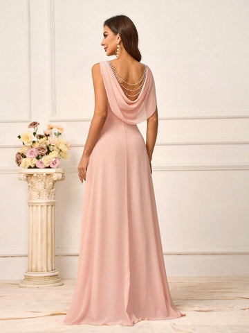 Romantic Pink Chiffon Fabric Women's Sleeveless Top With Beaded Waist Belt, Backless Design Connected By Pearl Chains, Suitable For Wedding Season And Mother's Day, Plus Size, Perfect As Bridesmaid Dress