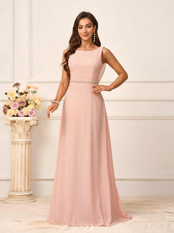 Romantic Pink Chiffon Fabric Women's Sleeveless Top With Beaded Waist Belt, Backless Design Connected By Pearl Chains, Suitable For Wedding Season And Mother's Day, Plus Size, Perfect As Bridesmaid Dress