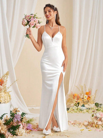 Romantic Satin V-Neck High Waist High Slit Bridal Maxi Dress With Spaghetti Straps
